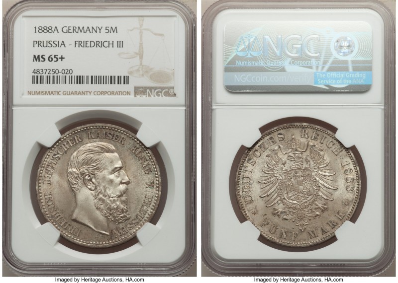 Prussia. Friedrich III 5 Mark 1888-A MS65+ NGC, Berlin mint, KM512. A glowing ex...