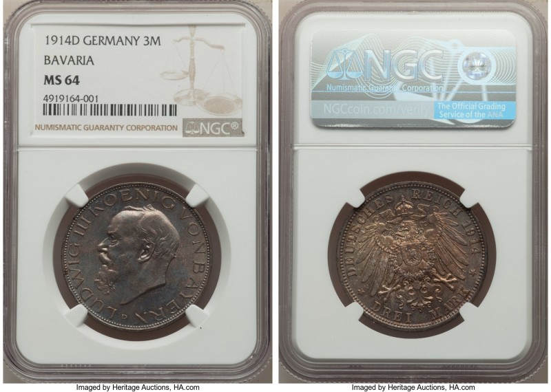 Pair of Certified Assorted Issues NGC, 1) German States: Bavaria. Ludwig II 3 Ma...