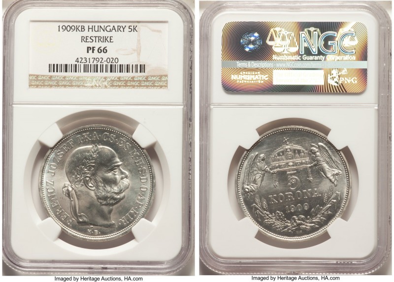 Franz Joseph I Proof Restrike 5 Korona 1909-KB PR66 NGC, Kremnitz mint, KM488.
...