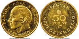 Republic gold "Bela Bartok" 50 Forint 1961-BP MS65 NGC, KM562. Struck on the 80th anniversary of the birth of Bela Bartok. AGW 0.1217 oz. 

HID09801...