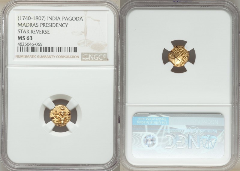 British India. Madras Presidency gold Pagoda ND (1740-1807) MS63 NGC, Fort St. G...