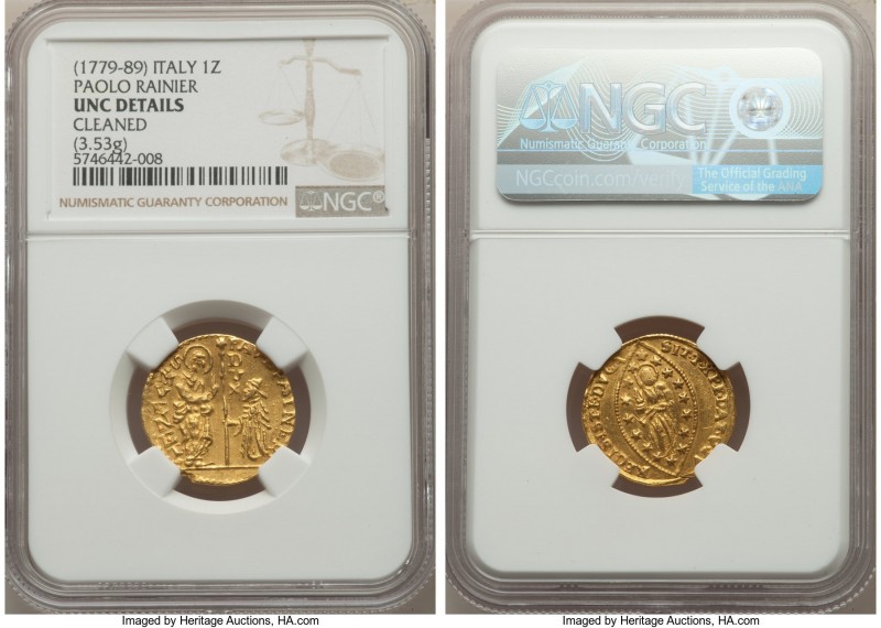 Venice. Paolo Renier gold Zecchino ND (1779-1789) UNC Details (Cleaned) NGC, KM7...