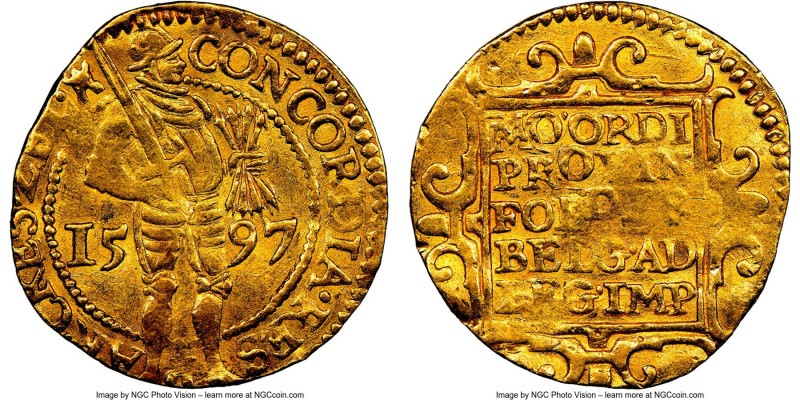 Zeeland. Provincial gold Ducat 1597 AU50 NGC, Fr-307. An example retaining hints...