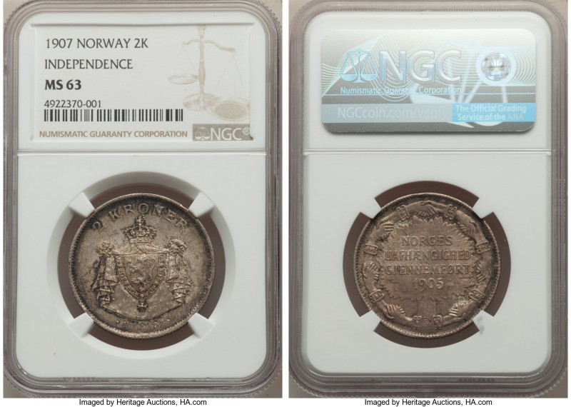 Haakon VII 2 Kroner 1907 MS63 NGC, KM365. Independence issue. 

HID09801242017...