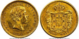 Pedro V gold 1000 Reis 1855 AU58 NGC, KM495. One year type. Holder indicates coin from Brazil when actually it should read Portugal. 

HID0980124201...