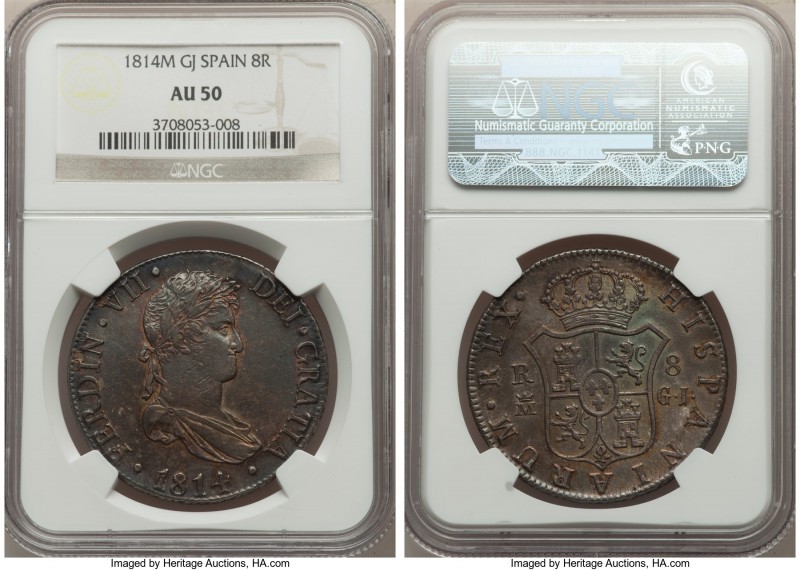 Ferdinand VII 8 Reales 1814 M-GJ AU50 NGC, Madrid mint, KM466.3. Deeply toned, w...