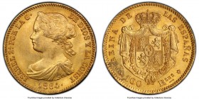 Isabel II gold 100 Reales 1864 MS63 PCGS, Madrid mint, KM617.1. Two-year type. A satiny and choice selection of the issue displaying sharp visual appe...