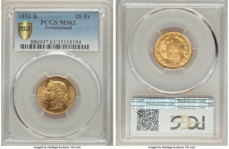 Confederation gold 20 Francs 1892-B MS63 PCGS, Bern mint, KM31.3. AGW 0.1867 oz....