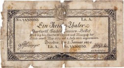 Altdeutsche Staaten und Länderbanken bis 1871 Sachsen
Kurfürstlich Sächsische Cassen-Billets 1 Reichstaler 2.1.1804. Lit. A. Nr. 1456050. Commissariu...