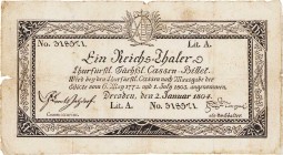 Altdeutsche Staaten und Länderbanken bis 1871 Sachsen
Kurfürstlich Sächsische Cassen-Billets 1 Reichstaler 2.1.1804. Lit. A. Nr. 318571, Commissarius...