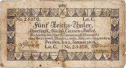 Altdeutsche Staaten und Länderbanken bis 1871 Sachsen
Kurfürstlich Sächsische Cassen-Billets 5 Reichstaler 2.1.1804. Lit. C. Nr. 25376. Commissarius:...