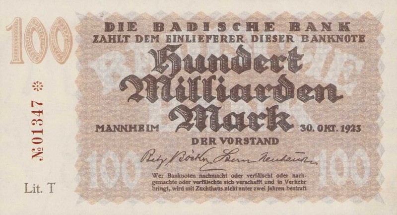 Deutsche Länderbanken ab 1871
Badische Bank 1871-1924 100 Mark 1.1.1907 (fast I...