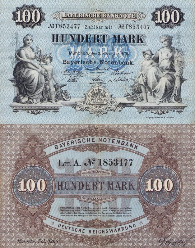Deutsche Länderbanken ab 1871
Bayerische Notenbank 1875-1925 100 Mark 3.11.1875...