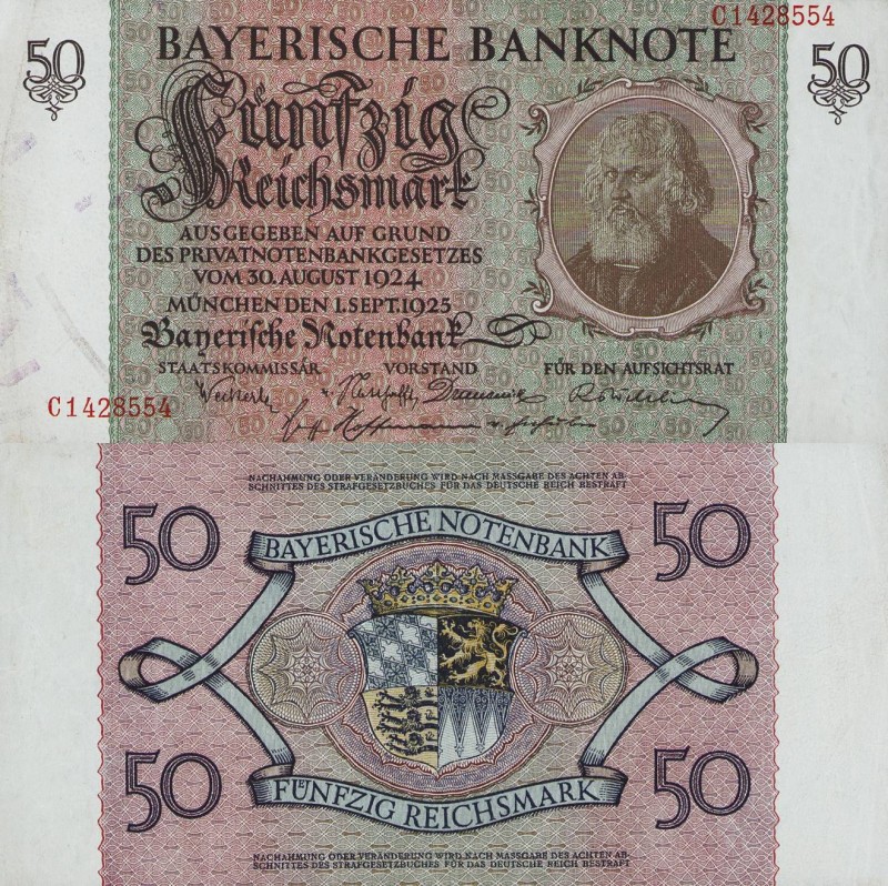 Deutsche Länderbanken ab 1871
Bayerische Notenbank 1875-1925 50 Reichsmark 1.9....