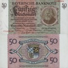 Deutsche Länderbanken ab 1871
Bayerische Notenbank 1875-1925 50 Reichsmark 1.9.1925. Serie C Ro. BAY 25 Äußerst selten. Leichter Mittelknick, II