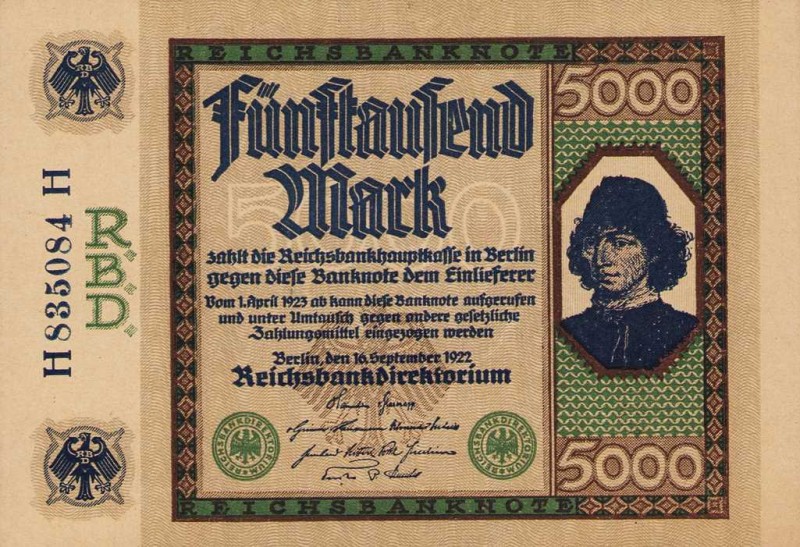 Deutsches Reich bis 1945
Geldscheine der Inflation 1919-1924 5000 Mark 16.9.192...