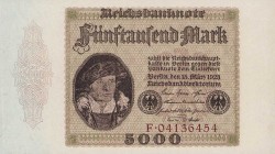 Deutsches Reich bis 1945
Geldscheine der Inflation 1919-1924 5000 Mark 15.3.1923. Serie F Ro. 86 Selten. Fast II