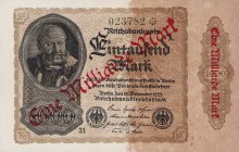 Deutsches Reich bis 1945
Geldscheine der Inflation 1919-1924 1 Milliarde Mark 15.12.1922. Mit "31" unter dem linken Siegel Ro. 110 ef Selten. I