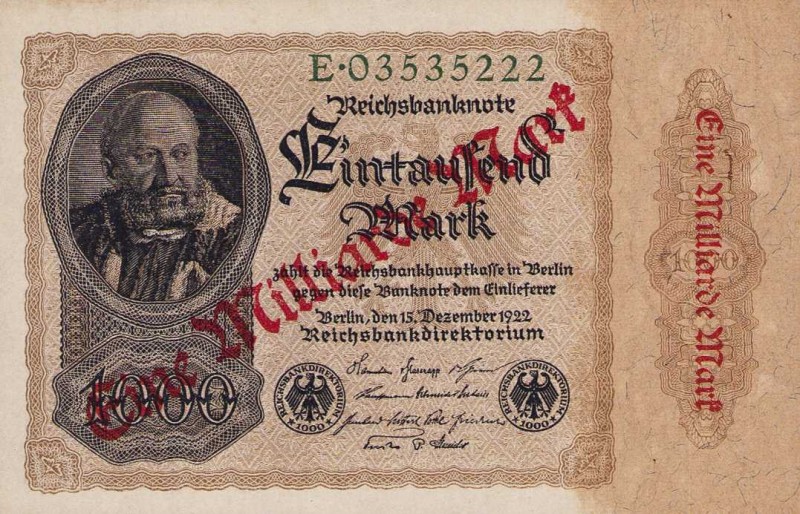 Deutsches Reich bis 1945
Geldscheine der Inflation 1919-1924 1 Milliarde Mark 1...