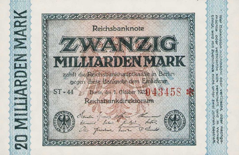 Deutsches Reich bis 1945
Geldscheine der Inflation 1919-1924 20 Milliarden Mark...