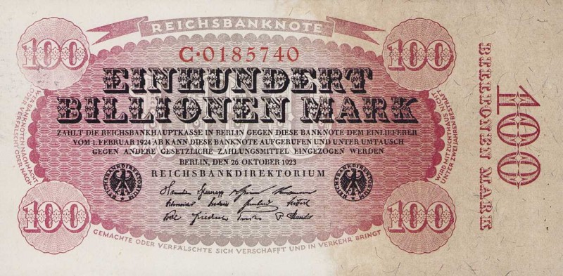 Deutsches Reich bis 1945
Geldscheine der Inflation 1919-1924 100 Billionen Mark...