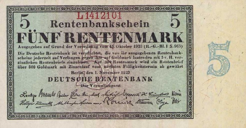 Deutsches Reich bis 1945
Deutsche Rentenbank 1923-1937 5 Rentenmark 1.11.1923. ...