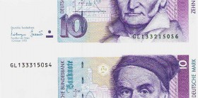 Bundesrepublik Deutschland
Deutsche Bundesbank 1960-1999 10 DM 1.10.1993. Verschnitten Ro. -, zu 303 a I