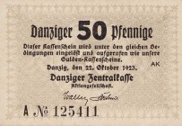 Selbständige oder besetzte deutsche Gebiete
Danziger Zentralkasse AG 1923 50 Danziger Pfennige 22.10.1923. Ro. 816 b Selten. II