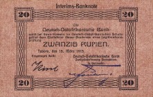 Geldscheine der deutschen Kolonien
Deutsch-Ostafrika, Deutsch-Ostafrikanische Bank, Kriegsausgaben 1915/16 - Interims-Banknoten 20 Rupien 15.3.1915. ...