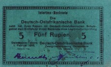 Geldscheine der deutschen Kolonien
Deutsch-Ostafrika, Deutsch-Ostafrikanische Bank, Kriegsausgaben 1915/16 - Interims-Banknoten 5 Rupien 1.2.1916. Se...