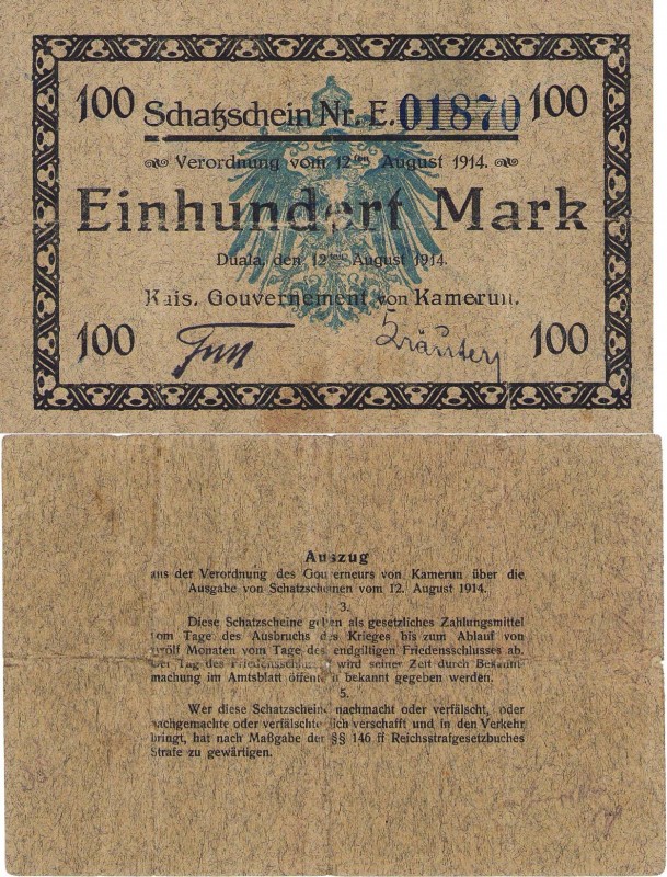 Geldscheine der deutschen Kolonien
Kamerun 100 Mark 12.8.1914. Ro. 964 b III-IV