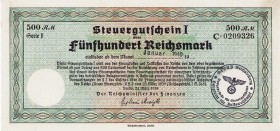 Papiergeldähnliche Wertpapiere und Gutscheine
Steuergutscheine des Reichsministers der Finanzen 1939 500 Reichsmark 24.3.1939. Einlösbar bis Januar 1...