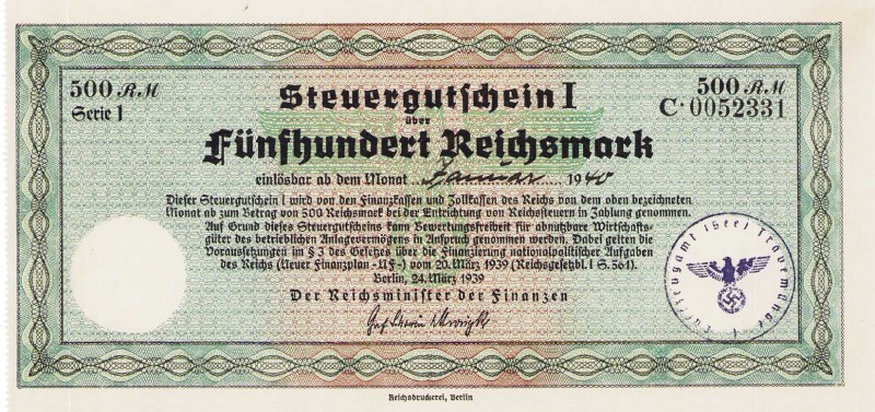 Papiergeldähnliche Wertpapiere und Gutscheine
Steuergutscheine des Reichsminist...