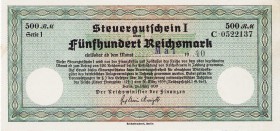 Papiergeldähnliche Wertpapiere und Gutscheine
Steuergutscheine des Reichsministers der Finanzen 1939 500 Reichsmark 24.3.1939. Einlösbar bis Mai 1940...