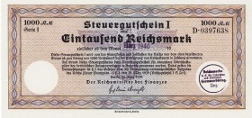 Papiergeldähnliche Wertpapiere und Gutscheine
Steuergutscheine des Reichsministers der Finanzen 1939 1.000 Reichsmark 24.3.1939. Einlösbar bis März 1...