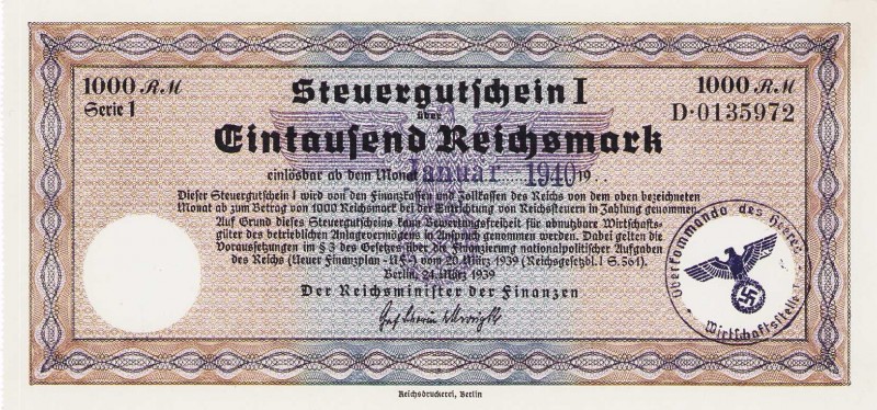 Papiergeldähnliche Wertpapiere und Gutscheine
Steuergutscheine des Reichsminist...