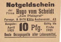 Städte und Gemeinden
Köln (NRW) 5 (2x), 10 und 20 Pfennig "De Zigge..", 5 Pfennig (2x) "Gut sind...", 5 und 20 Pfennig "Den Wert...", 5 und 10 Pfenni...