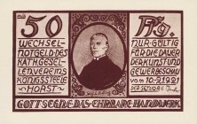 Städte und Gemeinden
Königsteele-Horst (NRW) 50 Pfennig 10.-21.10.1921. Katholischer Gesellenverein Grab./Mehl 728.1 Selten. I