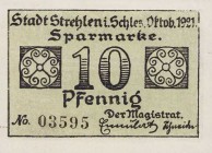 Städte und Gemeinden
Strehlen (Schl./Polen) 10, 25, 50 und 75 Pfennig (2 versch.) Okt. 1921 Stadt Grab./Mehl 1282 5 Stück. I