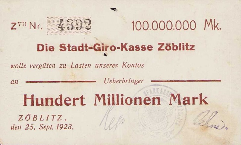 Städte und Gemeinden
Zöblitz (Sa.) 100 000 Mark 12.8.1923. 5 Millionen Mark 12....