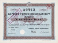 Deutschland
Leipzig-Schleußig, Leipziger Westend-Baugesellschaft Aktie über 1000 Mark 1.7.1888. Nr. 1225. Mit Trockensiegel Suppes 18155 Selten. Sehr...