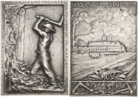 Ausbeute, Bergbau, Hüttenwesen
 Versilberte Bronzeplakette 1899 (O. Roty) Minen von Lens. Bergmann mit erhobener Spitzhacke bei der Arbeit / Bergwerk...