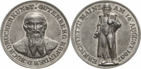 Buchdruck
 Zinnmedaille 1837 (Lindenschmitt) Die Gutenbergstatue in Mainz, errichtet durch Thorwaldsen. Brustbild Gutenbergs mit Kopfbedeckung von vo...
