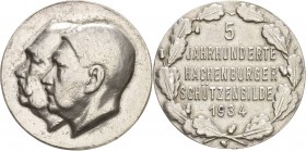 Drittes Reich
 Silbermedaille 1934. 500-Jahrfeier der Schützengilde in Hachenburg. Die Köpfe von Hindenburg und Hitler nach links / 5 Zeilen Schrift ...