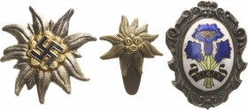 Drittes Reich
 Versilbertes Bronzeabzeichen o.J. Edelweiß mit Hakenkreuz. 37,2 mm, 8, 28 g. Mit Befestigungsvorrichtung. Dazu: zwei weitere Abzeichen...