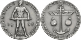 Drittes Reich
 Zinkmedaille 1935 (Karl Goetz) Einführung der Wehrpflicht. Unbekleideter Krieger mit Schwert von vorn / Allegorie der Streitkräfte zu ...