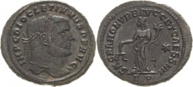 Kaiserzeit
Diocletian 284-305 Follis 300/303, Rom Kopf mit Lorbeerkranz nach rechts, IMP C DIOCLETIANVS P F AVG / Moneta steht nach links, SACRA MONE...