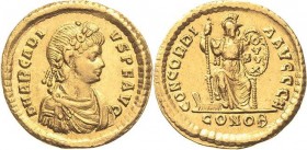 Kaiserzeit
Arcadius 383-408 Solidus 388/392, Constantinopel Brustbild mit Juwelendiadem nach rechts, DN ARCADIVS PF AVG / Constantinopolis sitzt von ...