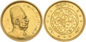 Ägypten
Fuad 1917-1937 100 Piaster 1922. KM 341 Friedberg 28 GOLD. 8.48 g. Avers kl. Druckstellen, vorzüglich