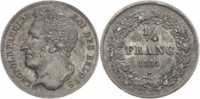 Belgien-Königreich
Leopold I. 1830-1865 1/4 Franc 1834. de Mey 519 KM 8 Sehr schön-vorzüglich